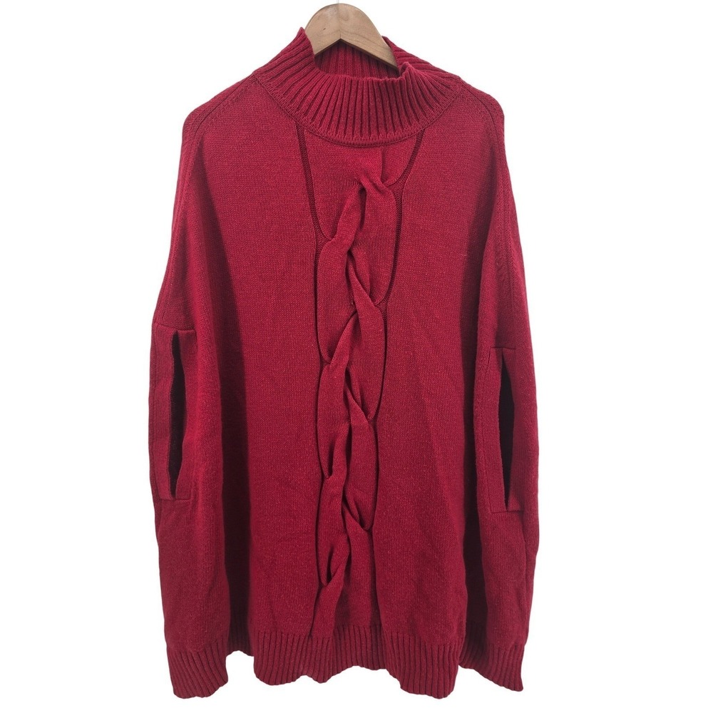 Chicos Zenergy Poncho Womens L/XL Red Cable Knit Mock Neck Arm Slit Sweater